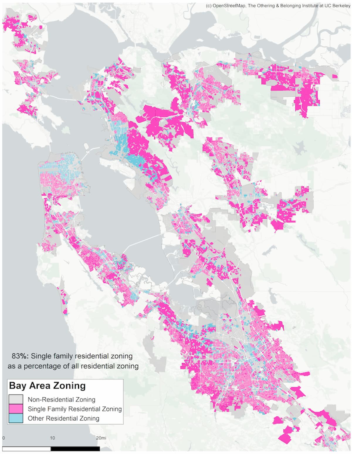 サンフランシスコ・ベイエリアのゾーニングのマッピング。ほとんどが一戸建て区画。住宅需要が高い地域にも関わらず、新規住宅の追加を認めない区画が策定されている。Source: Othering & Belonging Institute, UCLA
