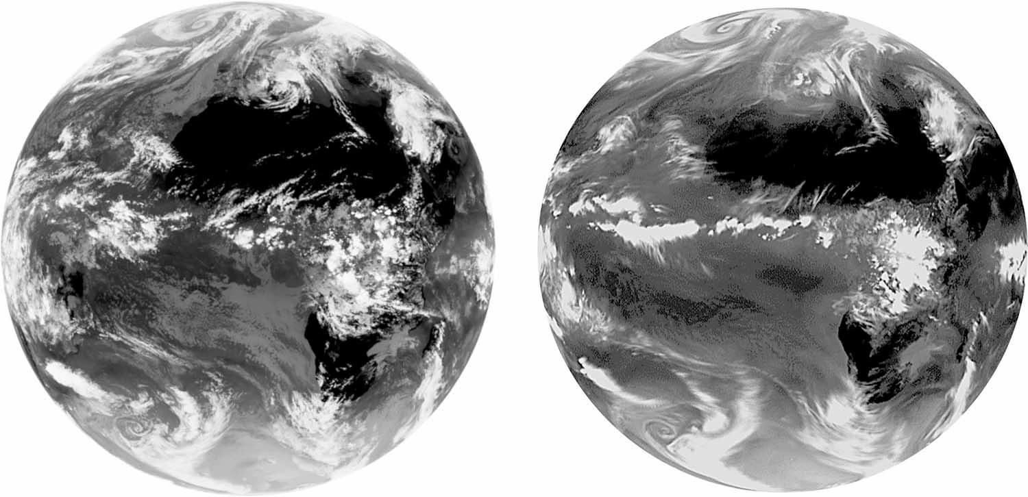 衛星データ（左）は、Meteosat Second GenerationのSpinning Enhanced Visible and Infrared Imagerによって取得されたもので、赤外波長の放射輝度を表している。シミュレーション（右）は、ECMWF統合予報システムを用いて、1kmの空間分解能で作成されている。出典：Bauer et al(2021).