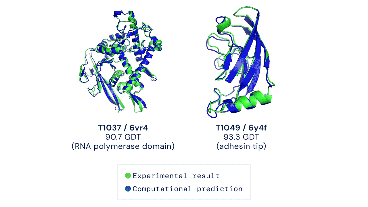 AlphaFoldの行ったタンパク質の構造予測の一例。従来の手法とは比較にならない水準の精度を示した。via DeepMind.