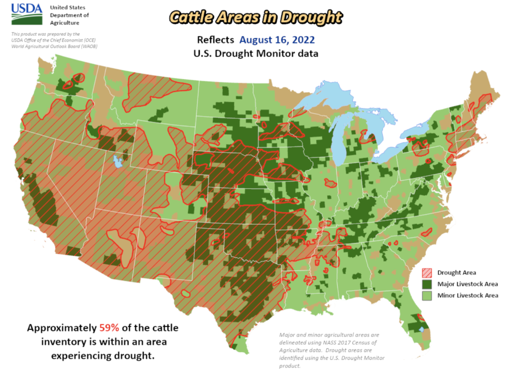 旱魃にさらされる米国農業。出典：USDA- Office of the Chief Economist (August 18, 2022)。