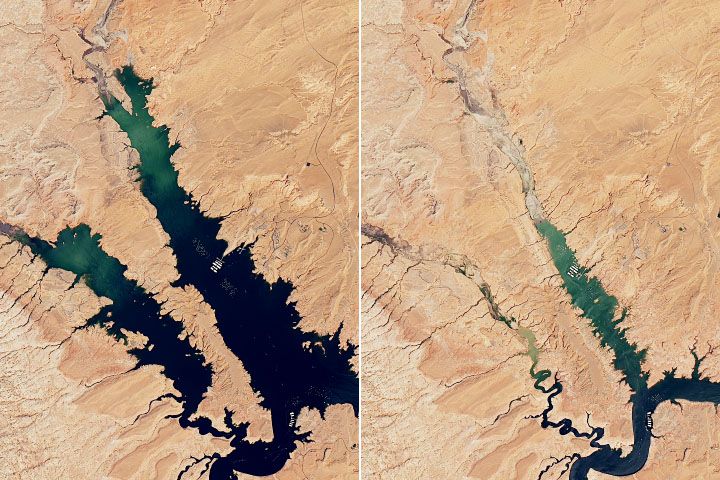 ランドサット衛星が観測した2017年夏㊧と2022年夏のパウエル湖㊨の一部を撮影したもの。出典:NASA
