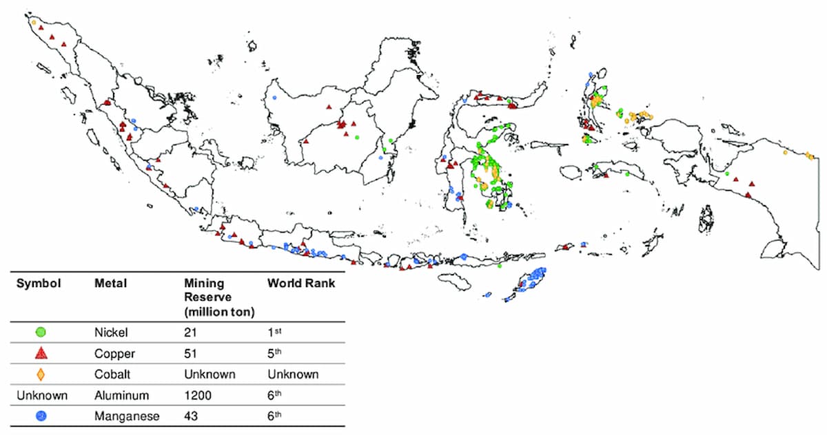 ニッケル（黄緑）は主にスラウェシ島とマルク島に所在する。Andante Hadi Pandyaswargo et al(2021). (CC BY 4.0). DOI:10.3390/batteries7040080
