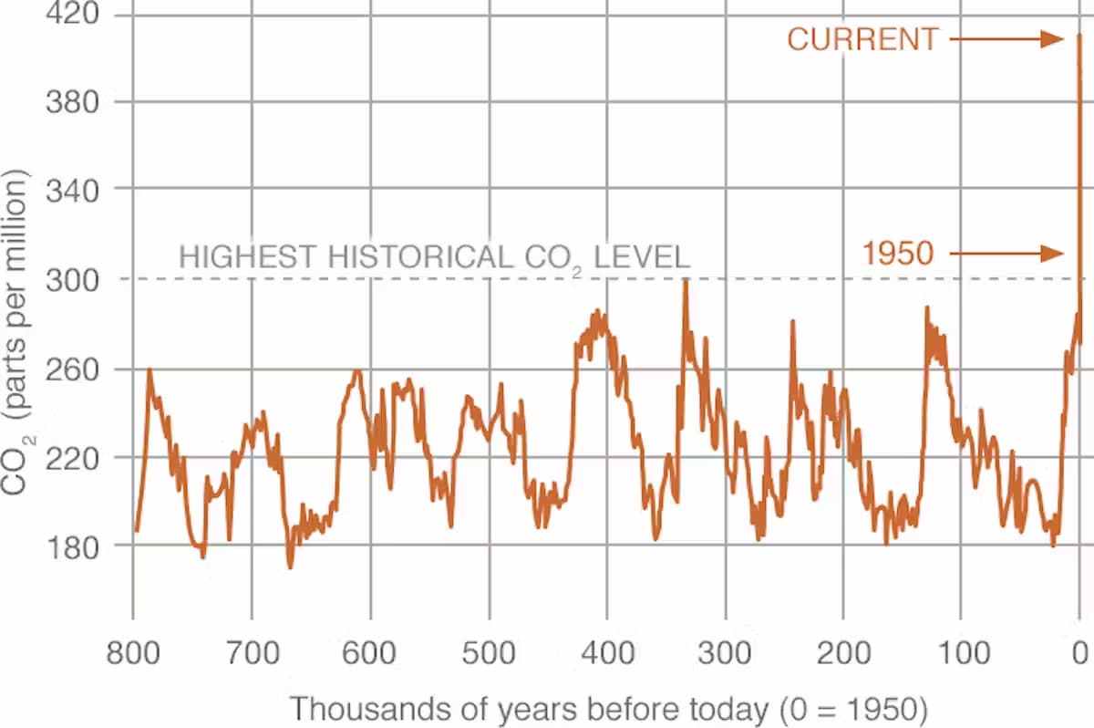 化石燃料の燃焼によって放出され、地球温暖化を促進する強力な温室効果ガスである二酸化炭素の濃度は、過去70年間に大気中で急速に上昇しました。出典：NOAA