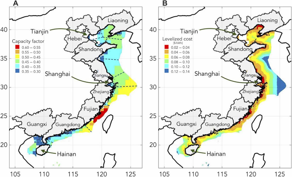 潜在的な電力容量（左図）と平準化コスト（右図）. 福建省(Fujan)沖合が一番潜在性があるという。Source: Peter Sherman, et al. (2020)